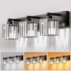 imageL LOHAS LED 3 Light Black Crystal Bathroom Light Fixtures Modern Crystal BlackSquare Shade Bathroom Lighting Fixtures Over MirrorVanity Lights for Bathroom 3CCT ETL Listed