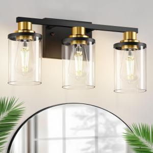 imageL LOHAS LED 3Light Black Bathroom Light FixturesModern Bathroom Lighting Fixtures Over Mirror with Clear Glass Shade Vanity Lights for Living Room ETL ListedBlack and Gold
