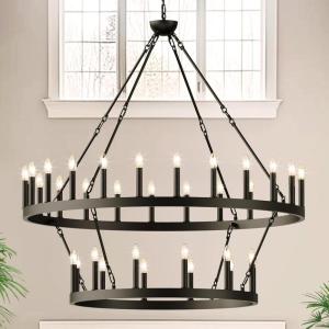 imageL LOHAS LED Wagon Wheel Chandelier 2 Tier 64Lights 70in Extra Large Black Farmhouse Chandelier Light Fixture Round Rustic Lighting for Living Room Dining Room Over Table Island Foyer Entryway472