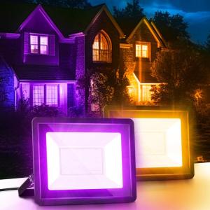 imageLOHAS Flood Lights Outdoor 50W Dusk to Dawn Floodlight IP66 Waterproof Plug in Floodlights 984ft Cord 6000K Daylight Work Light 2300LM Security Lights for Yard Garage UL Listed 2PackOrangePurple