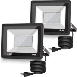 imageLOHAS Flood Lights Outdoor 50W Dusk to Dawn Floodlight IP66 Waterproof Plug in Floodlights 984ft Cord 6000K Daylight Work Light 2300LM Security Lights for Yard Garage UL Listed 2PackDaylight White