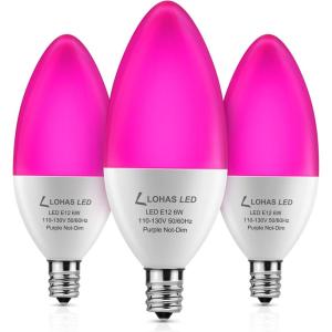 imageLOHAS Purple Candelabra Light Bulbs E12 6W Purple LED Bulb 60 Watt Equivalent B10 Chandelier Candle Bulbs Type B Ceiling Fan Bulbs NonDimmable Christmas Decoration for Home 3 Pack