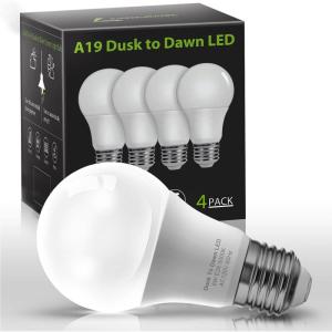 imageL LOHAS LED 40W Equivalent A19 Amber Porch Light Bulbs 6W Dusk to Dawn Sensor Yellow Bug Light Bulbs for Outdoor 2000K E26 4 PackDaylight White