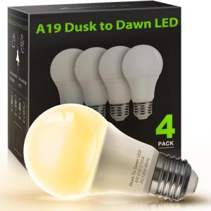 imageL LOHAS LED 40W Equivalent A19 Amber Porch Light Bulbs 6W Dusk to Dawn Sensor Yellow Bug Light Bulbs for Outdoor 2000K E26 4 PackWarm White