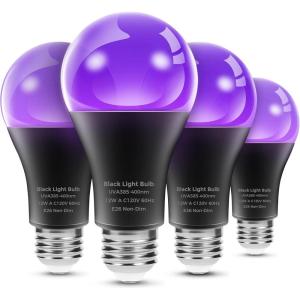 imageL LOHAS LED UV Black Light Bulbs Halloween 12W A19 UV Blacklight 100 Watt Equivalent UVA Level 385400nm Wavelength Glow in The Dark for Body Art Paint Fluorescent Poster Neon Glow Party 2 Pack4 Pack