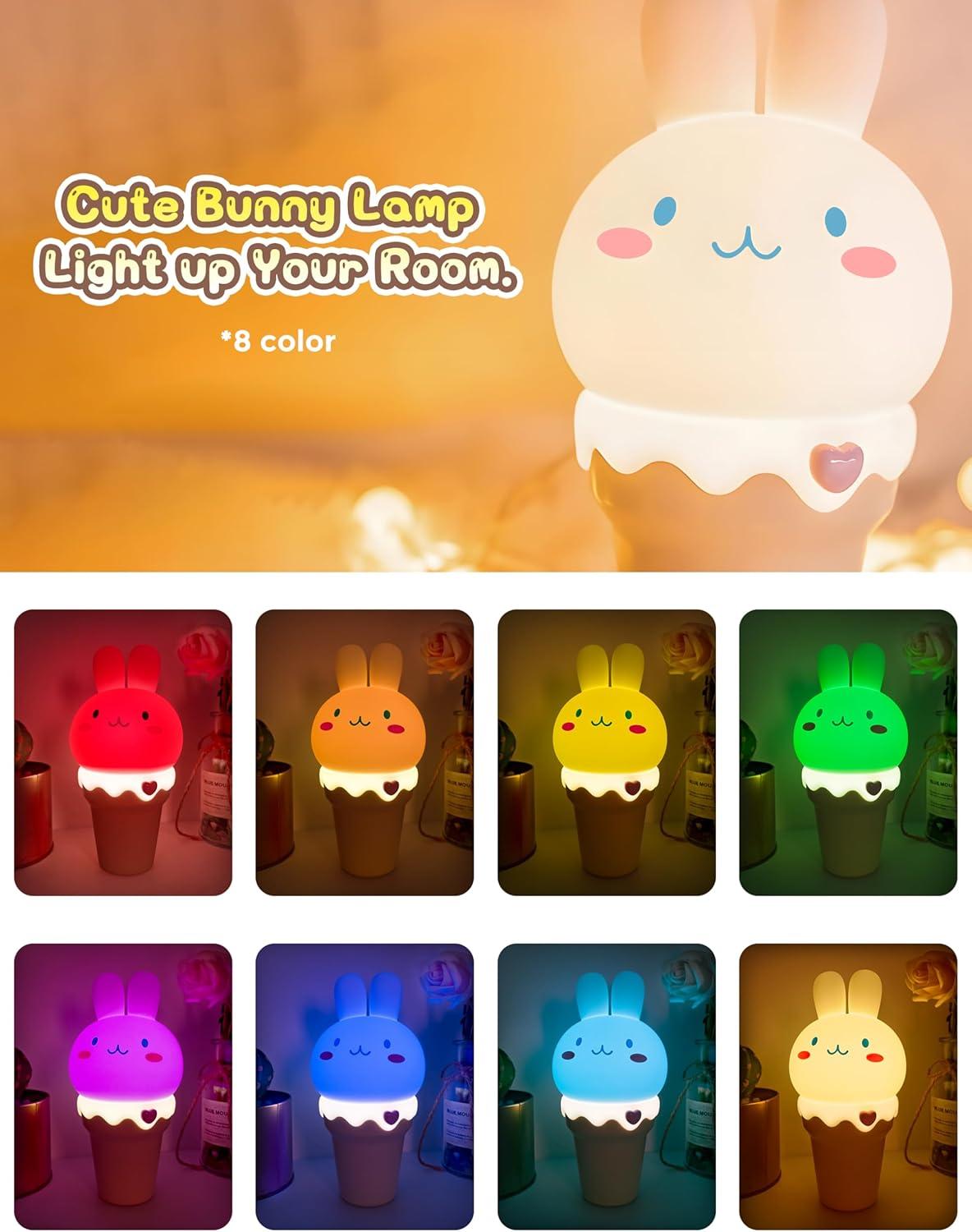 imageLOHAS Bunny Ice Cream Cute Night Lights 7 Colors Kawaii Desk Decor Pat Control and Rechargeable Base Funny Gift for Girls Bedroom and Nursery Dcor