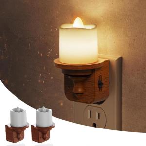 imageL LOHAS LED Candle Night Light Flameless Candle Nightlight Plug in Dusk to Dawn Sensor 0100LM Dimmable Night Light 3000K Soft White Vintage Decorative Night Lights for Hallway Bathroom 2 PackWoodgrainSoft White