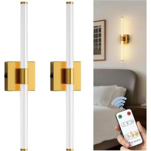 imageL LOHAS LED Battery Operated Wall Sconces Set of 2 10000mAh Gold Battery Wall Sconce 3000K Dimmable Wireless Wall Light 360 Full Lighting Sconce Wall Decor for Hallway Bedroom Living Room 24inGold