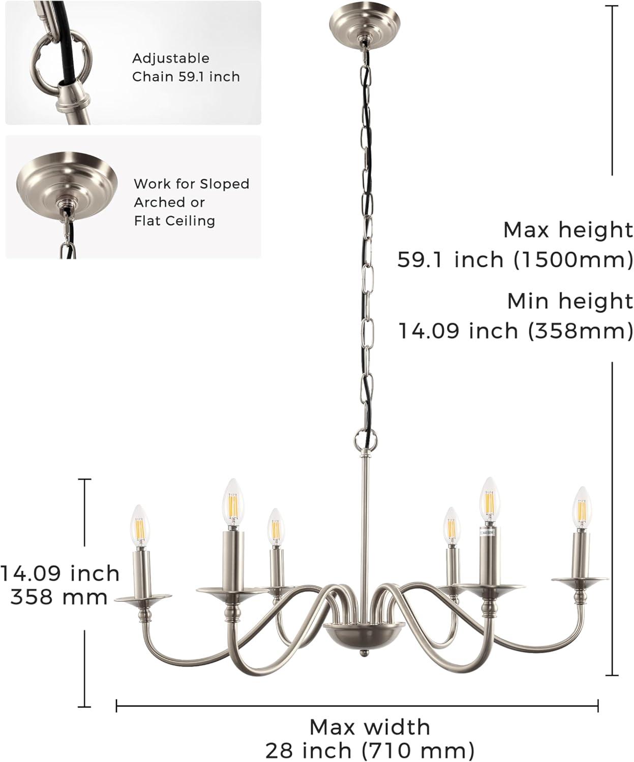 imageL LOHAS LED 6Light Black Farmhouse Chandelier for Dining Room 28quot Vintage Dining Room Light Fixtures Over Table Adjustable Hanging Industrial Candle Chandelier for Bedroom Living Room Entryway E12Nickel