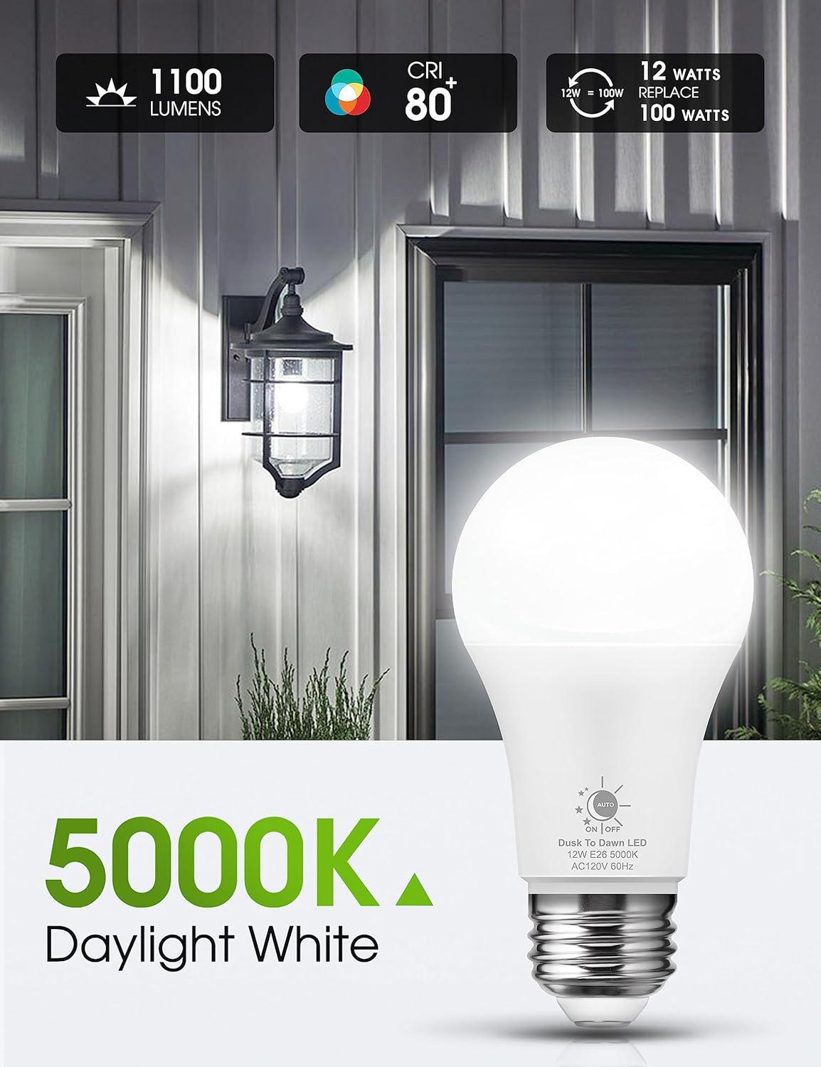 imageL LOHAS LED Dusk to Dawn Light Bulbs E26 Bulb Automatic OnOff Outdoor Light Bulbs Daylight Lightbulbs 12W A19 Led Bulbs 5000K 1100LM 100W Equivalent Lightbulbs Porch Garage Garden Patio 2 Pack