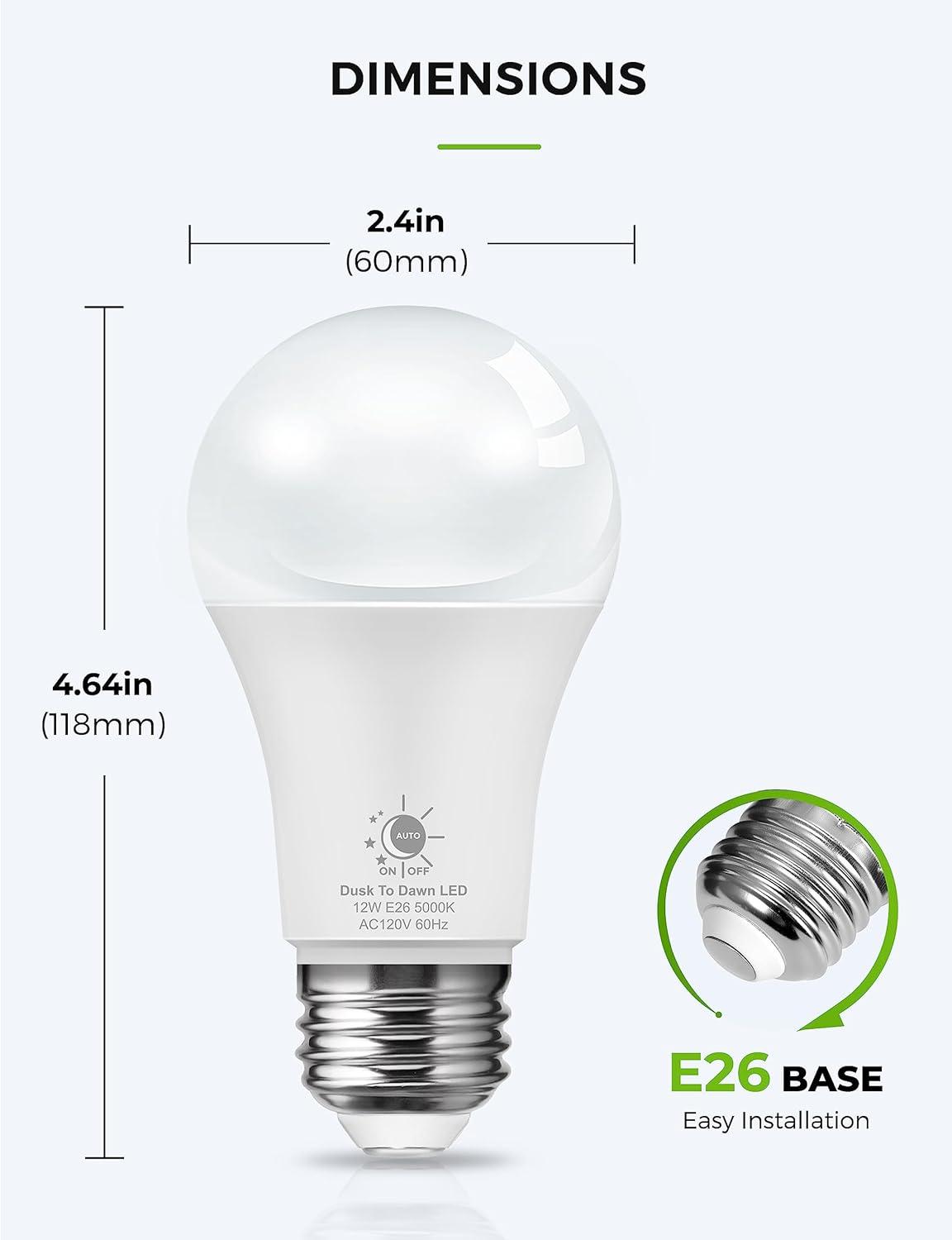 imageL LOHAS LED Dusk to Dawn Light Bulbs E26 Bulb Automatic OnOff Outdoor Light Bulbs Daylight Lightbulbs 12W A19 Led Bulbs 5000K 1100LM 100W Equivalent Lightbulbs Porch Garage Garden Patio 2 Pack