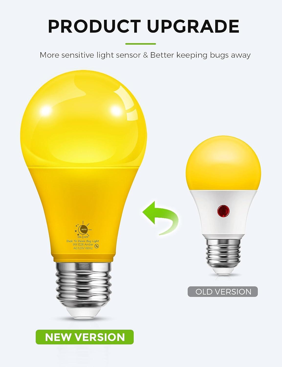 imageLOHAS Dusk to Dawn Bug Light Bulb Outdoor A19 Yellow LED Bug Light Bulbs 9W Auto OnOff Bug Lights for Outside 2000K Amber Porch Light Bulb 60W Equi NonAttracting E26 Base for Backyard 2 PackYellow