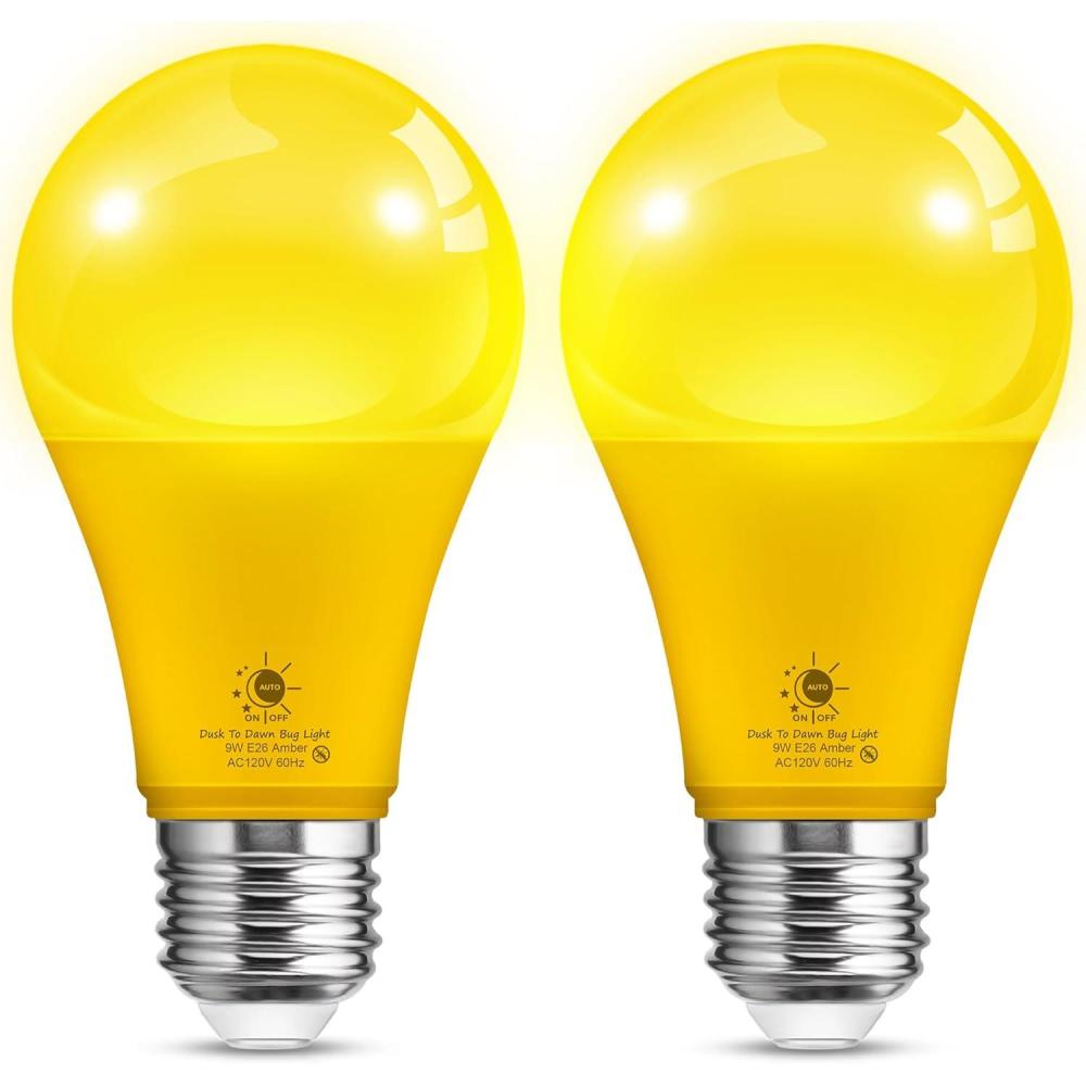 imageLOHAS Dusk to Dawn Bug Light Bulb Outdoor A19 Yellow LED Bug Light Bulbs 9W Auto OnOff Bug Lights for Outside 2000K Amber Porch Light Bulb 60W Equi NonAttracting E26 Base for Backyard 2 PackYellow
