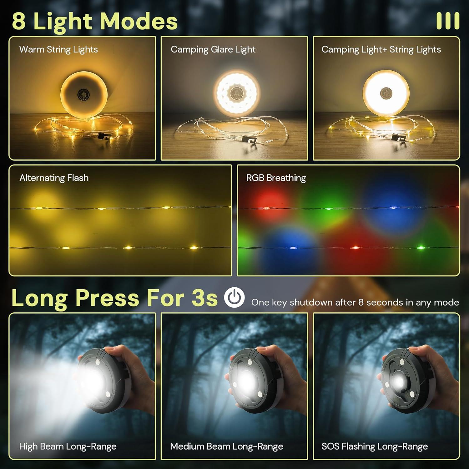 imageL LOHAS LED Upgraded 2 Packs Camping String Lights 4 in 1 Quick Recovery Waterproof Camping Lights 328FT with 8 Modes Camping Essentials for Yard Tent Hiking Patio and Holiday DecorationGreen  RGBW