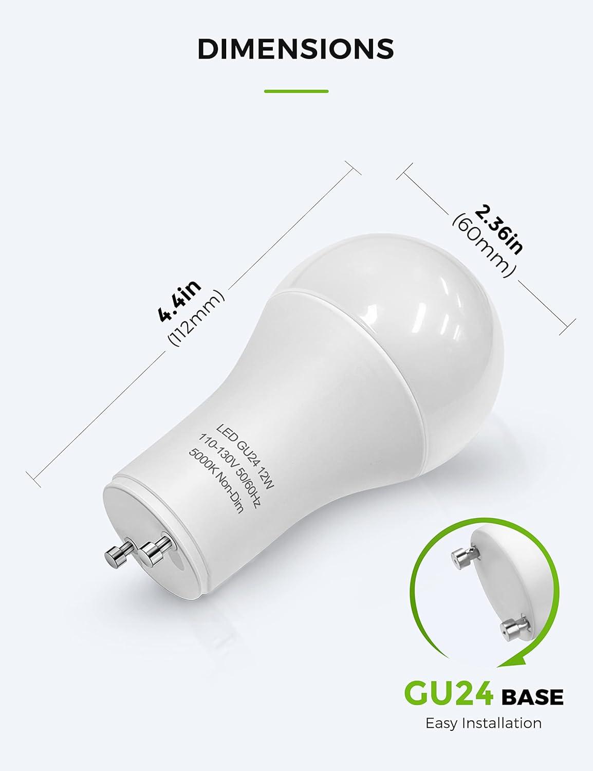 imageLOHAS GU24 Base LED Light Bulb 1200Lumen 12Watt 75W100W Equivalent 5000K Daylight White A19 Shape for Ceiling Fan Twist Lock GU24 LED Light Bulbs for Home Lighting NonDimmable 4Pack