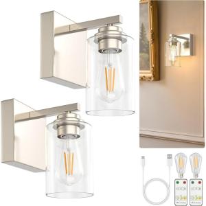 imageL LOHAS LED Dimmable Battery Operated Wall Sconce Set of 2 Rechargeable Wall Light No Wiring Easy Install Wireless Wall Lamp Black Bulb Included for Living Room Bedroom Hallway IndoorNickel