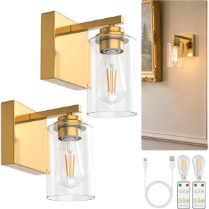 imageL LOHAS LED Dimmable Battery Operated Wall Sconce Set of 2 Rechargeable Wall Light No Wiring Easy Install Wireless Wall Lamp Black Bulb Included for Living Room Bedroom Hallway IndoorGold