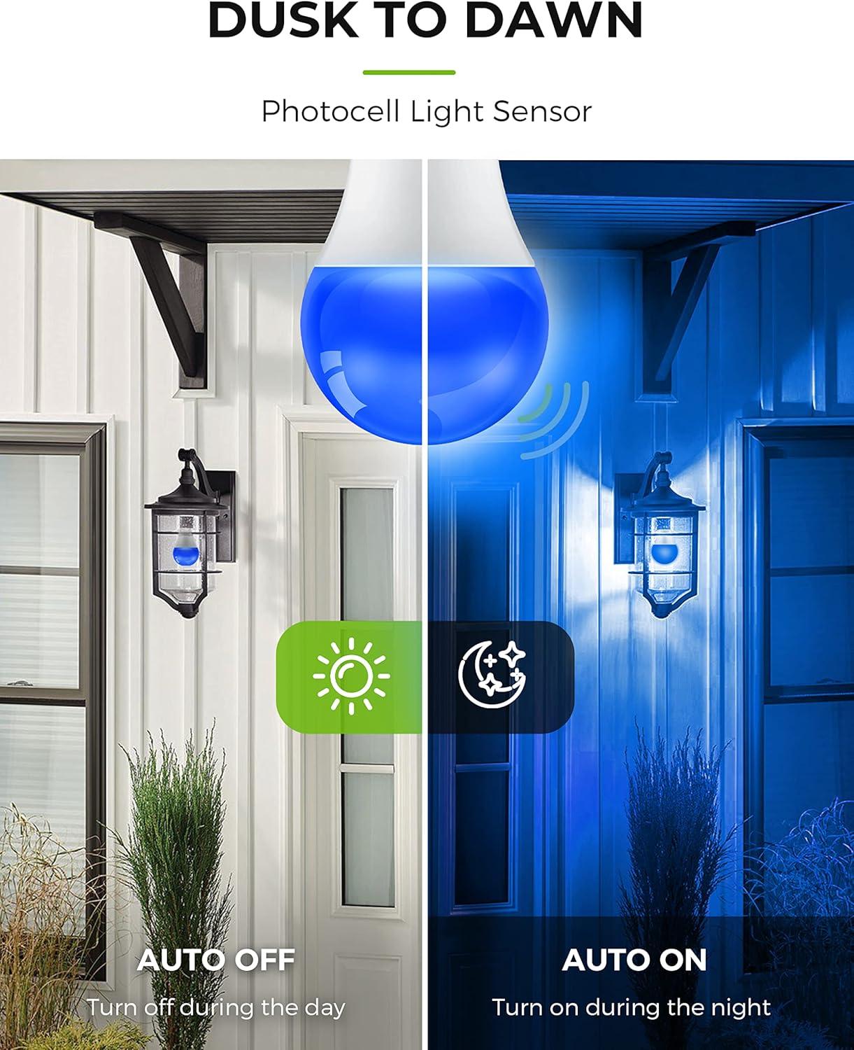 imageL LOHAS LED Red Light Bulbs Outdoor Dusk to Dawn Sensor A19 Porch Lights 40W Equivalent 6W Colored Bulb AutoOnOff E26 Base for Christmas Party Wedding Patio Backyard  4 PackBlue