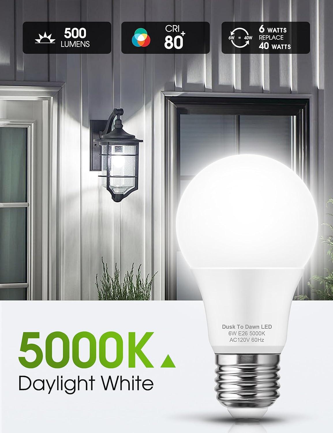 imageL LOHAS LED Red Light Bulbs Outdoor Dusk to Dawn Sensor A19 Porch Lights 40W Equivalent 6W Colored Bulb AutoOnOff E26 Base for Christmas Party Wedding Patio Backyard  4 PackDaylight White