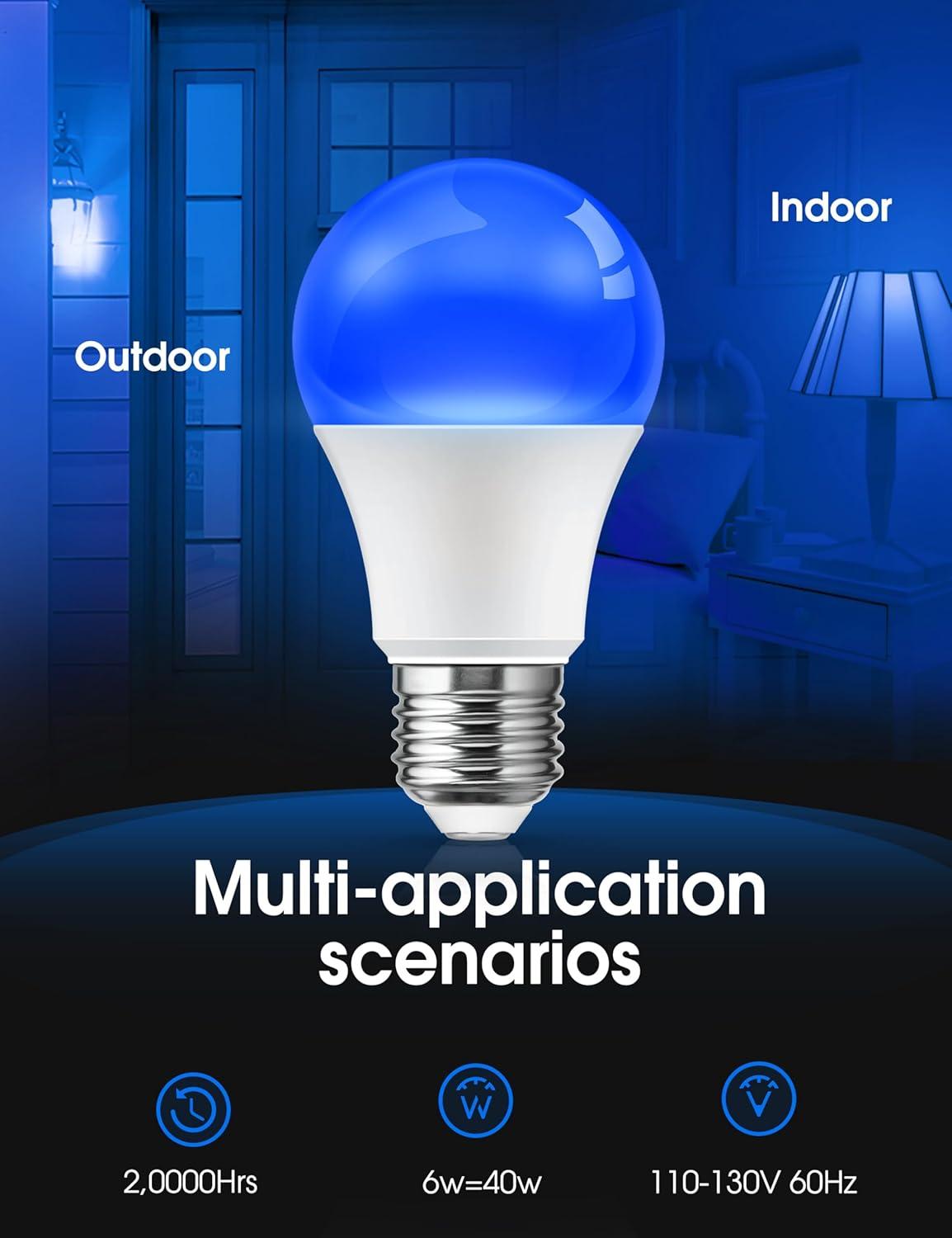 imageL LOHAS LED Red Light Bulbs Outdoor Dusk to Dawn Sensor A19 Porch Lights 40W Equivalent 6W Colored Bulb AutoOnOff E26 Base for Christmas Party Wedding Patio Backyard  4 PackBlue