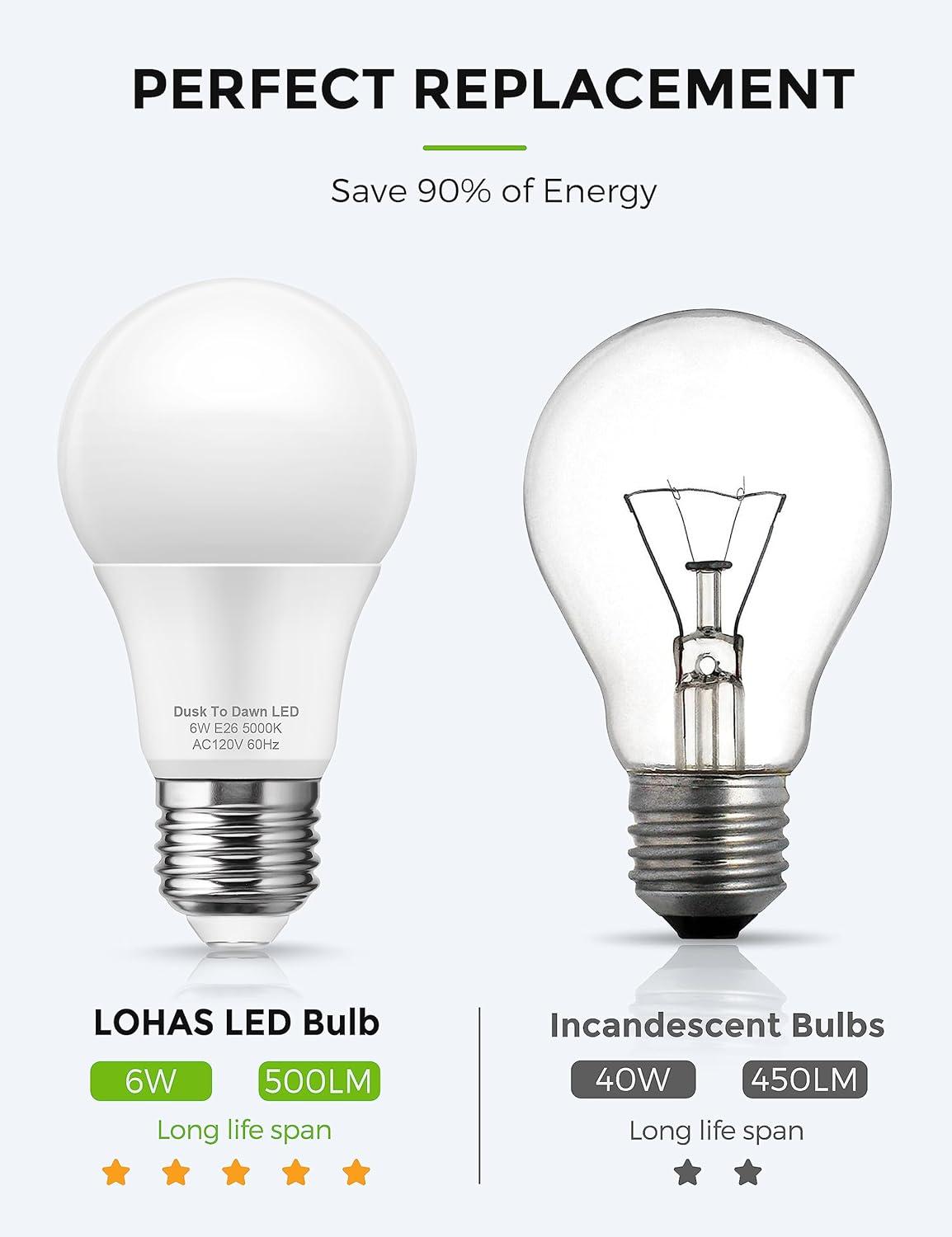 imageL LOHAS LED Red Light Bulbs Outdoor Dusk to Dawn Sensor A19 Porch Lights 40W Equivalent 6W Colored Bulb AutoOnOff E26 Base for Christmas Party Wedding Patio Backyard  4 PackDaylight White
