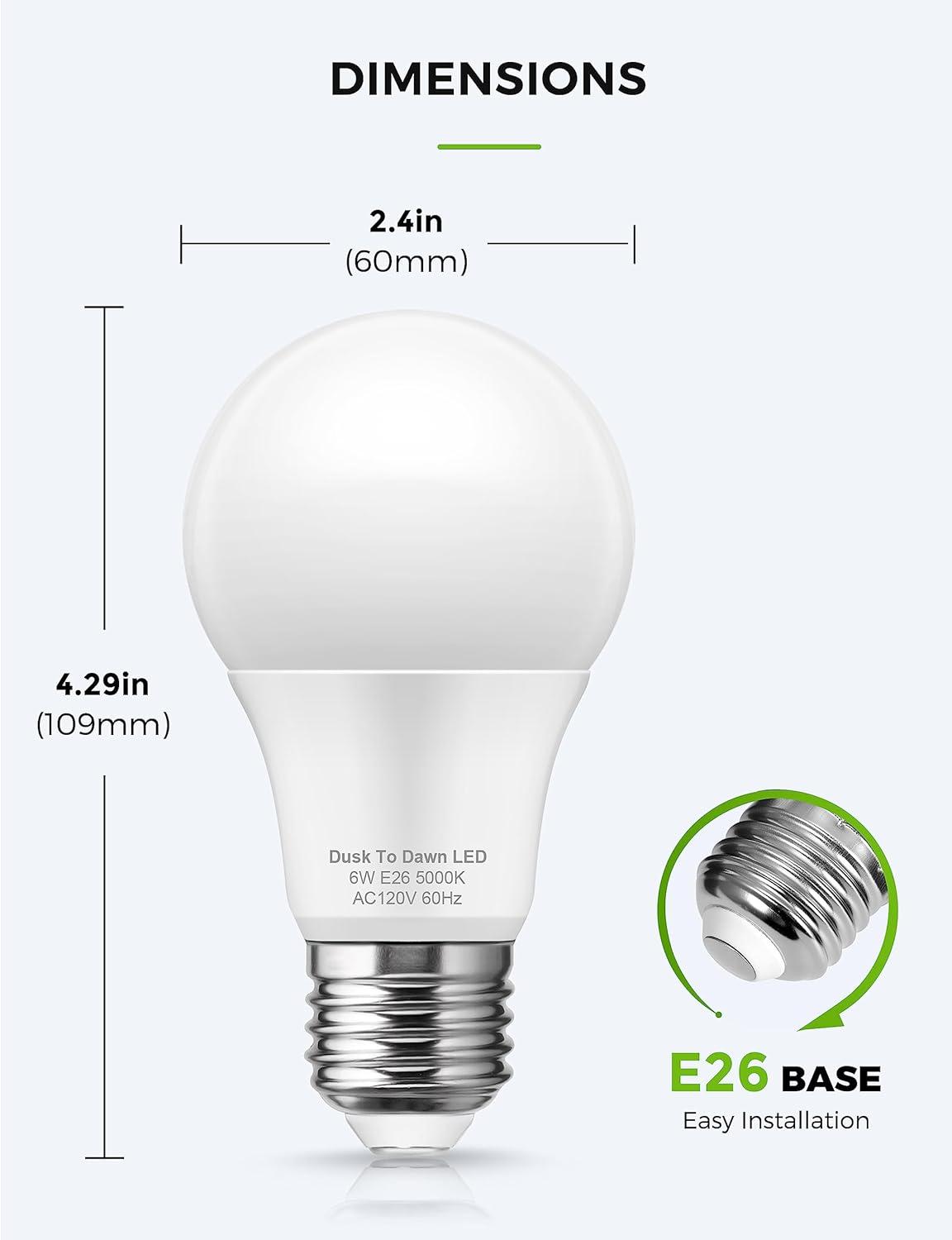 imageL LOHAS LED Red Light Bulbs Outdoor Dusk to Dawn Sensor A19 Porch Lights 40W Equivalent 6W Colored Bulb AutoOnOff E26 Base for Christmas Party Wedding Patio Backyard  4 PackDaylight White