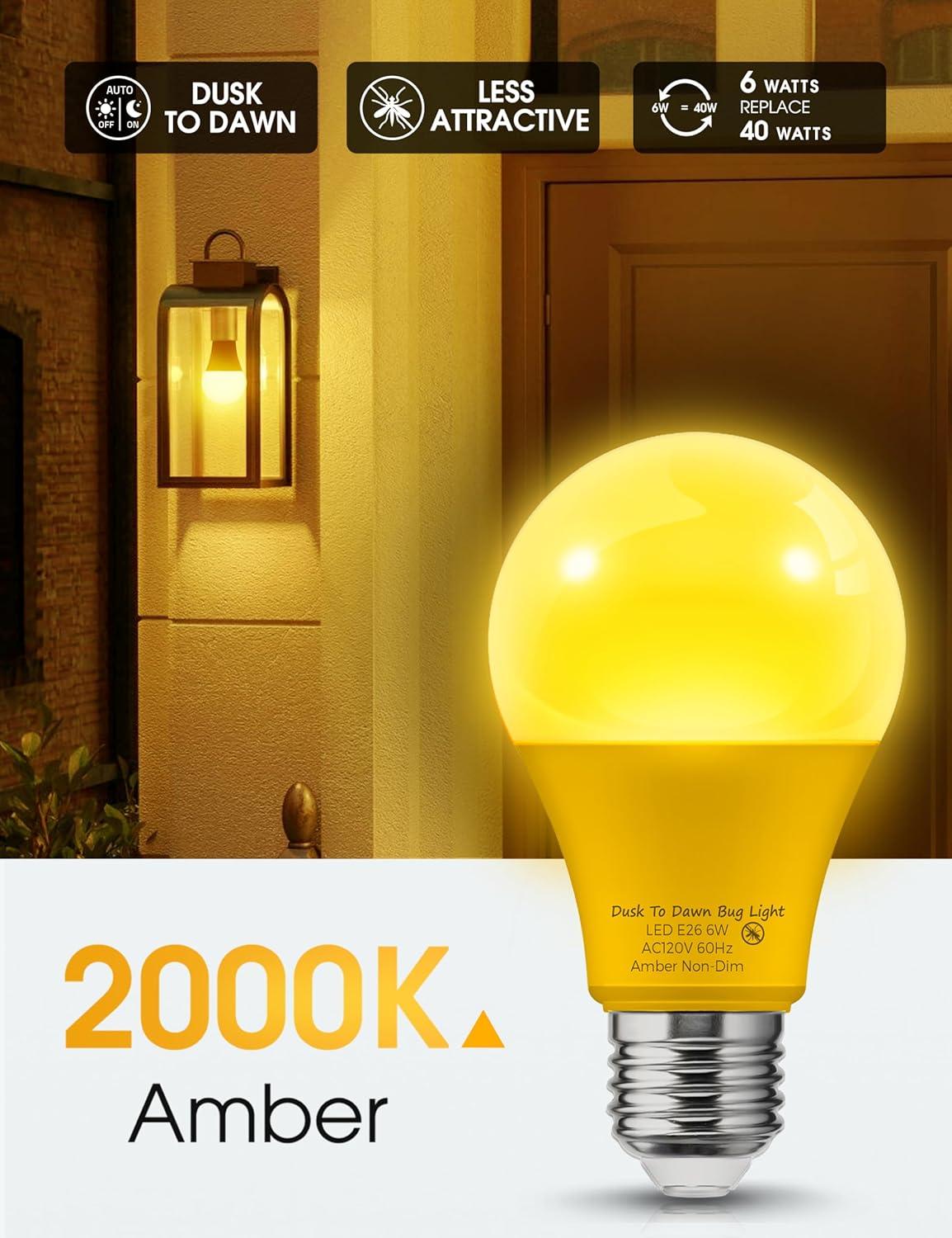 imageL LOHAS LED Red Light Bulbs Outdoor Dusk to Dawn Sensor A19 Porch Lights 40W Equivalent 6W Colored Bulb AutoOnOff E26 Base for Christmas Party Wedding Patio Backyard  4 PackAmber