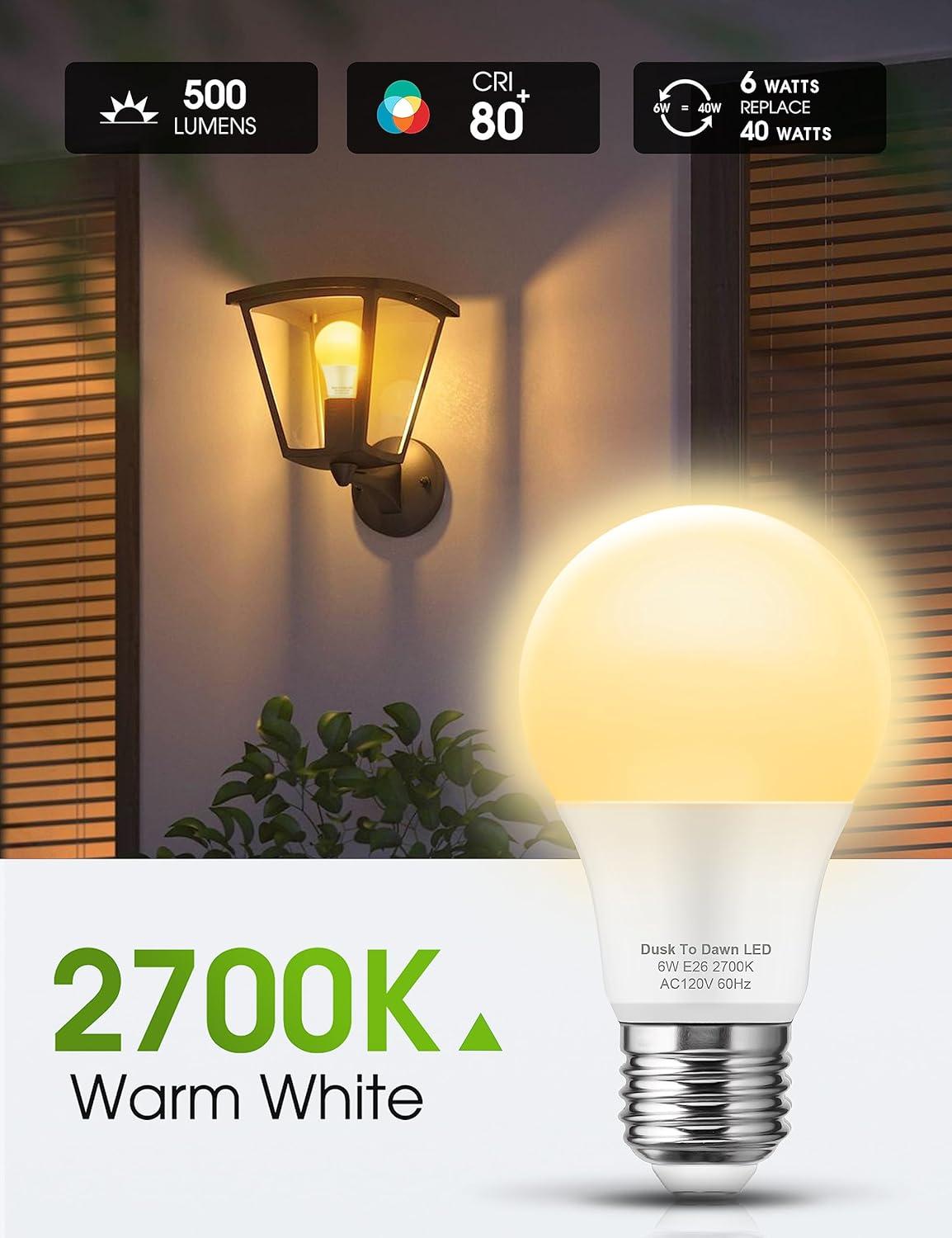 imageL LOHAS LED Red Light Bulbs Outdoor Dusk to Dawn Sensor A19 Porch Lights 40W Equivalent 6W Colored Bulb AutoOnOff E26 Base for Christmas Party Wedding Patio Backyard  4 PackWarm White