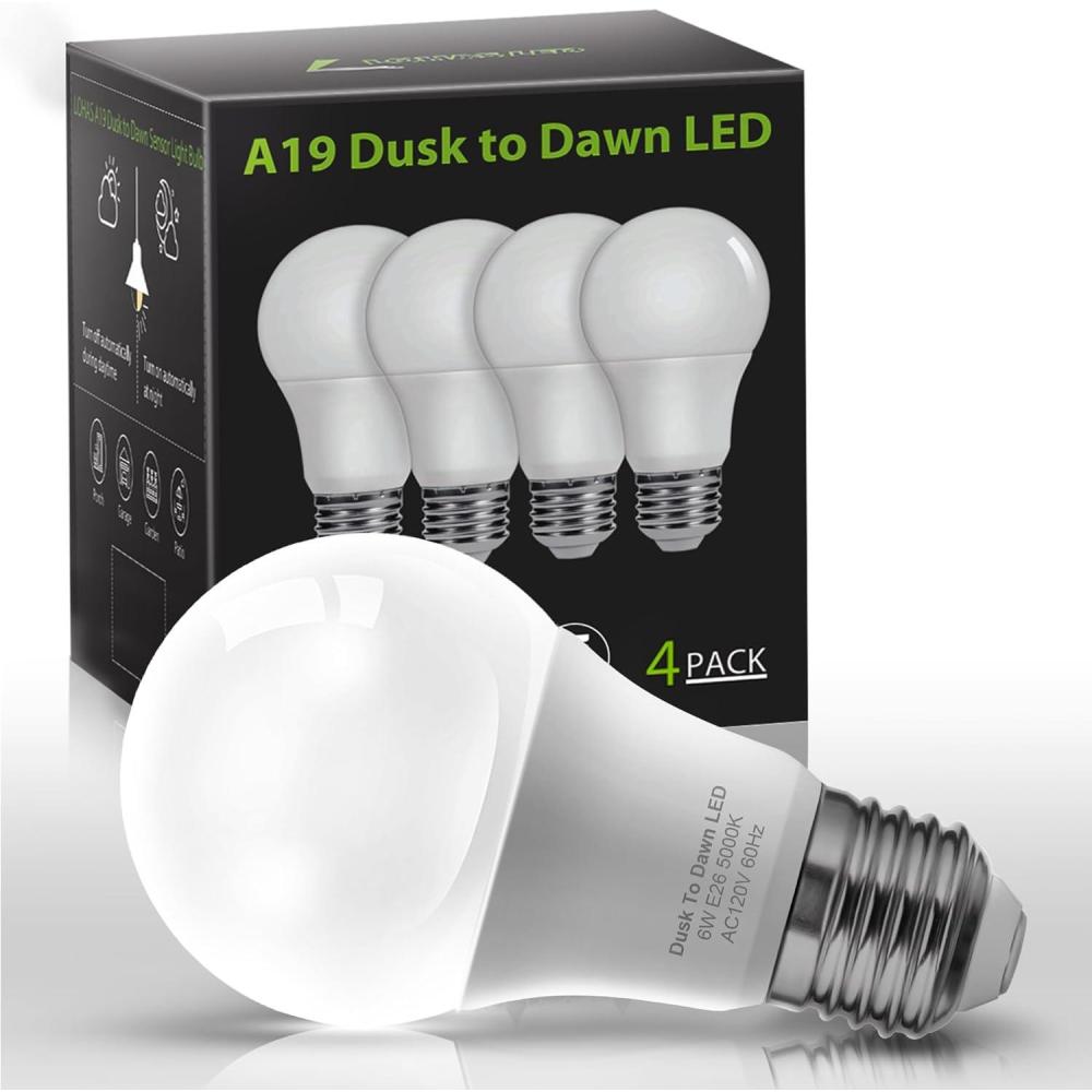 imageL LOHAS LED Red Light Bulbs Outdoor Dusk to Dawn Sensor A19 Porch Lights 40W Equivalent 6W Colored Bulb AutoOnOff E26 Base for Christmas Party Wedding Patio Backyard  4 PackDaylight White