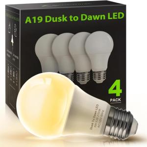 imageL LOHAS LED Red Light Bulbs Outdoor Dusk to Dawn Sensor A19 Porch Lights 40W Equivalent 6W Colored Bulb AutoOnOff E26 Base for Christmas Party Wedding Patio Backyard  4 PackWarm White