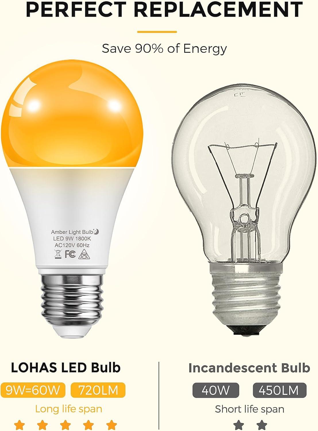 imageL LOHAS LED Light Bulbs Sleep Aid Amber Light Bulb A19 9W60 Watt Equivalent Blue Light Blocking E26 Dimmable Light Bulbs 3 Color Temperature 1800K3000K5000K 2 PackAmber