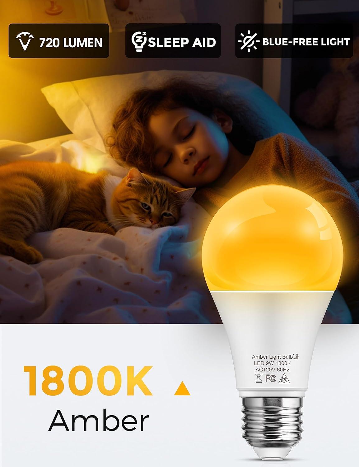 imageL LOHAS LED Light Bulbs Sleep Aid Amber Light Bulb A19 9W60 Watt Equivalent Blue Light Blocking E26 Dimmable Light Bulbs 3 Color Temperature 1800K3000K5000K 2 PackAmber