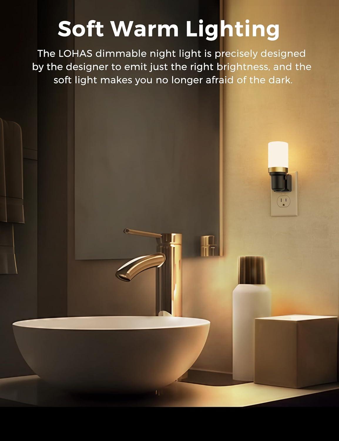 imageL LOHAS LED Night Lights Plug into Wall Dimmable Night Light with Auto OnOff Sensor 3000K Warm White 0100LM Adjustable Brightness Ideal for Bathroom Night Light 2 PackLong3000K