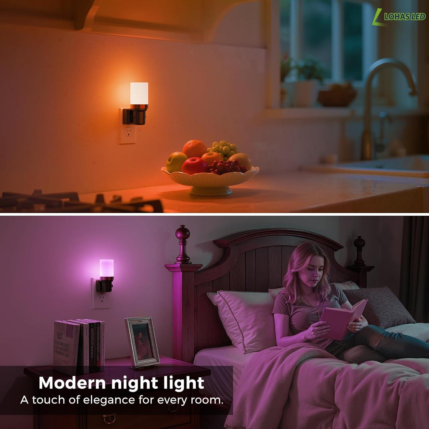 imageL LOHAS LED Night Lights Plug into Wall Dimmable Night Light with Auto OnOff Sensor 3000K Warm White 0100LM Adjustable Brightness Ideal for Bathroom Night Light 2 PackLongMultiColor