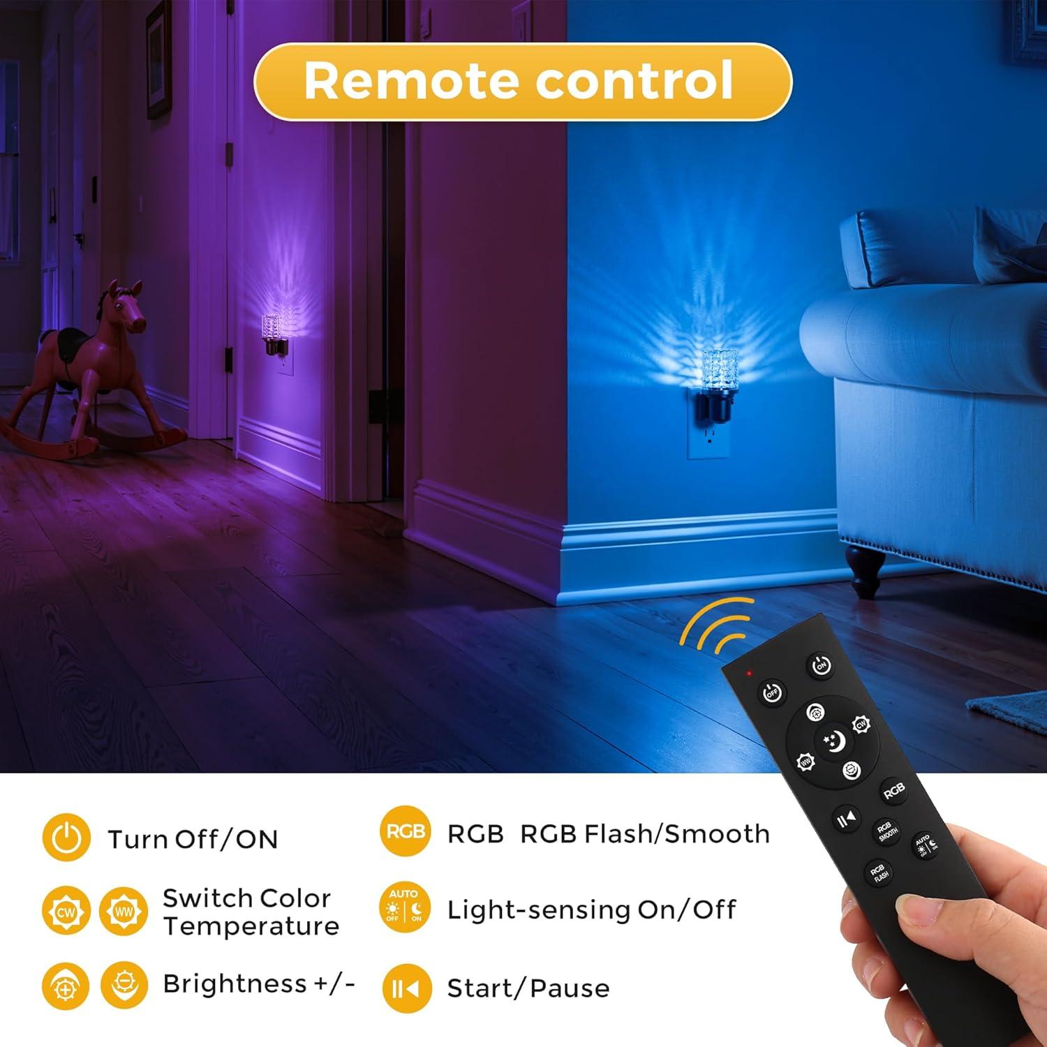 imageL LOHAS LED Night Lights Plug into Wall Remote Control Dimmable Night Light with Dusk to Dawn Sensor Color Changing Night Lights 2 PackCrystal MultiColor