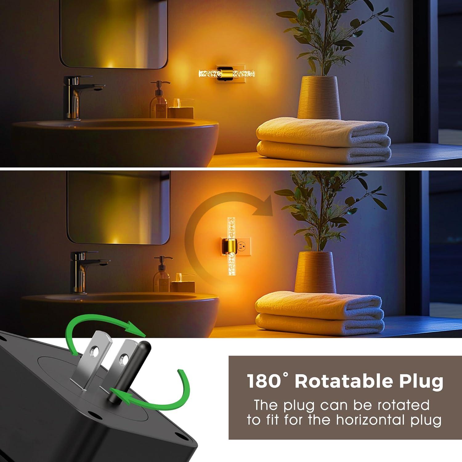 imageL LOHAS LED Rotating Night Light Night Lights Plug into Wall Auto Nightlight Dimmable 100LM Light Sensor 3000K Soft Light LED Acrylic Nightlight Plug in for Bedroom Bathroom Hallway Kitchen2PackBlack BaseAmber