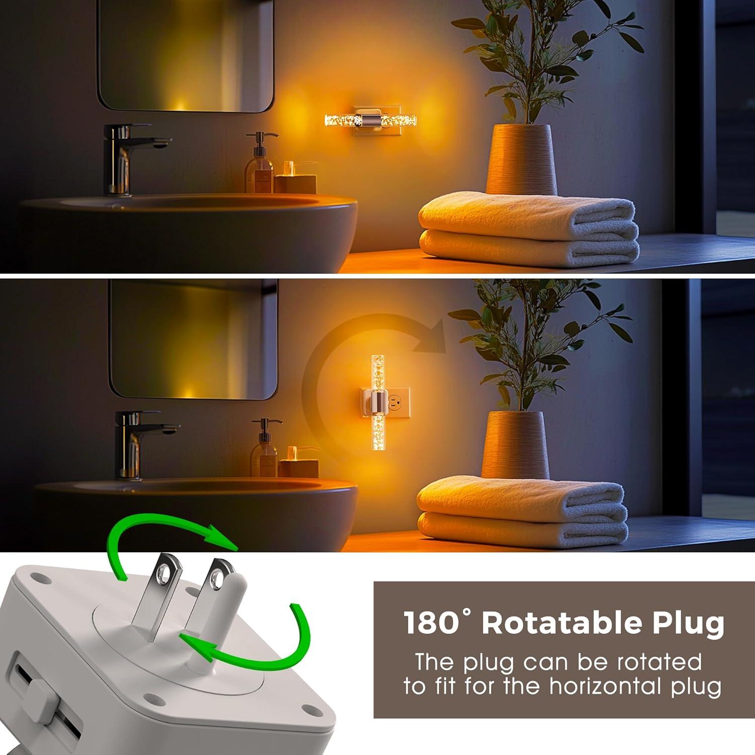 imageL LOHAS LED Rotating Night Light Night Lights Plug into Wall Auto Nightlight Dimmable 100LM Light Sensor 3000K Soft Light LED Acrylic Nightlight Plug in for Bedroom Bathroom Hallway Kitchen2PackWhite BaseAmber