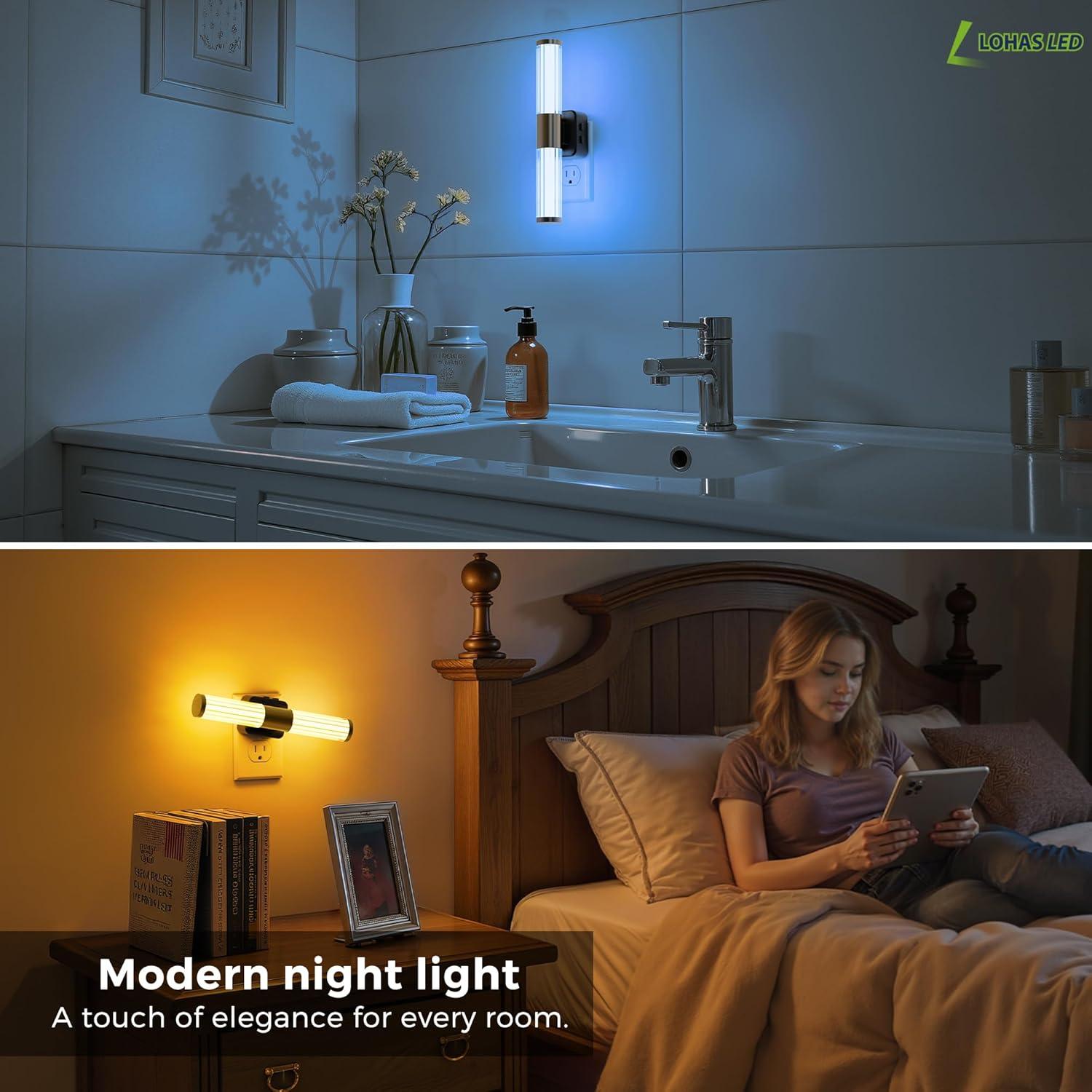 imageL LOHAS LED Rotating Night Light Night Lights Plug into Wall Auto Nightlight Dimmable 100LM Light Sensor 3000K Soft Light LED Acrylic Nightlight Plug in for Bedroom Bathroom Hallway Kitchen2PackBlack Basestripedrgbw