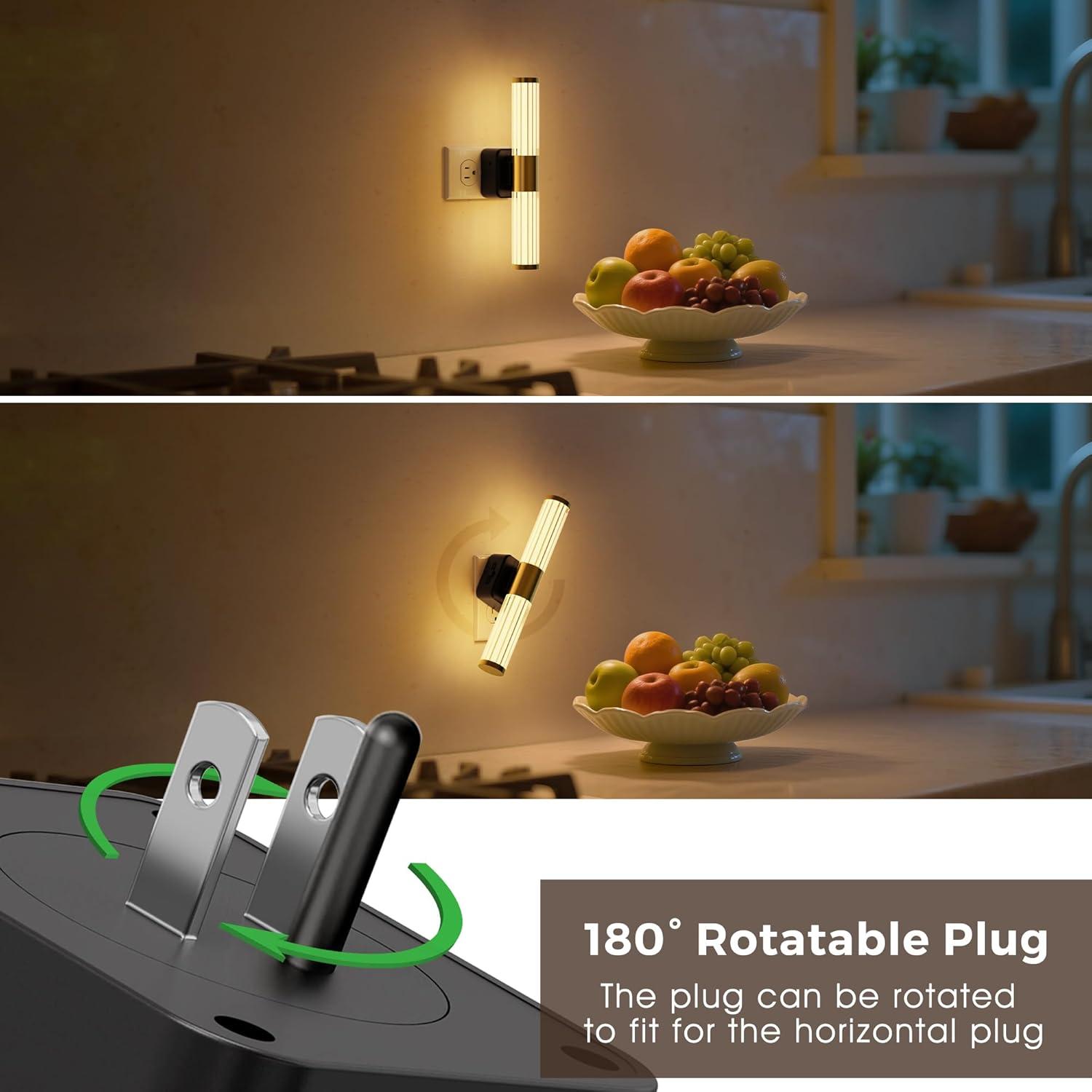 imageL LOHAS LED Rotating Night Light Night Lights Plug into Wall Auto Nightlight Dimmable 100LM Light Sensor 3000K Soft Light LED Acrylic Nightlight Plug in for Bedroom Bathroom Hallway Kitchen2PackBlack BaseStriped3000K