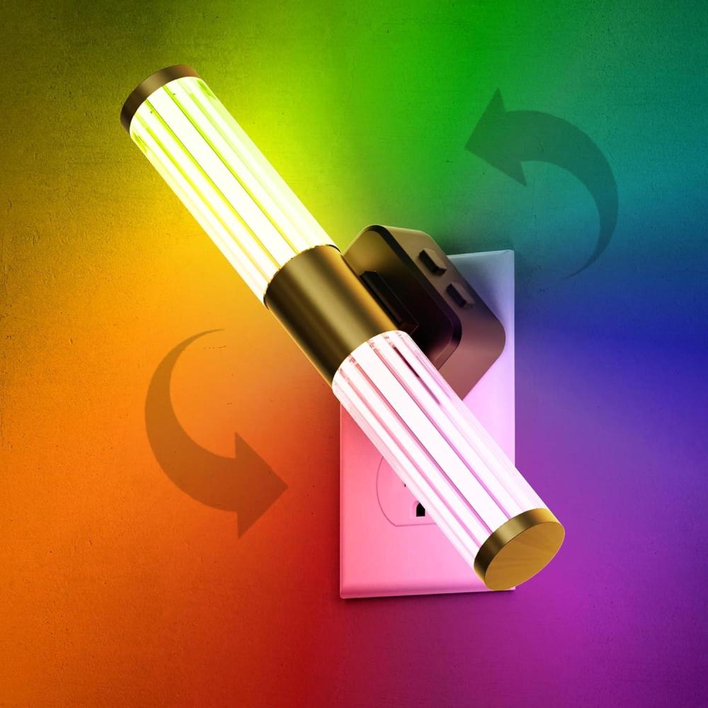 imageL LOHAS LED Night Lights Plug into Wall RGB Color Changing Night Light for kids Acrylic Rotating Nightlight Dimmable with Light Sensor for Bedroom Bathroom Hallway Children Christmas Party 2 PackBlack Basestripedrgbw