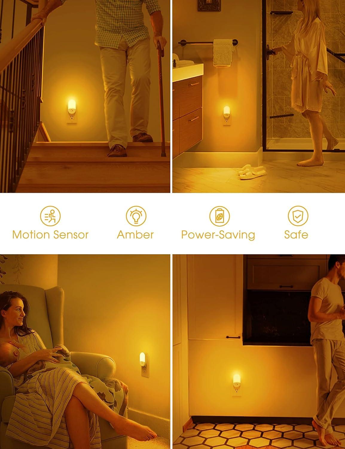 imageL LOHAS LED Motion Sensor Night Light  Light Sensor Night Light Amber Light Sleep Aid Nightlight for Adults Kids Room Bedroom Bathroom Hallway 4 Pack
