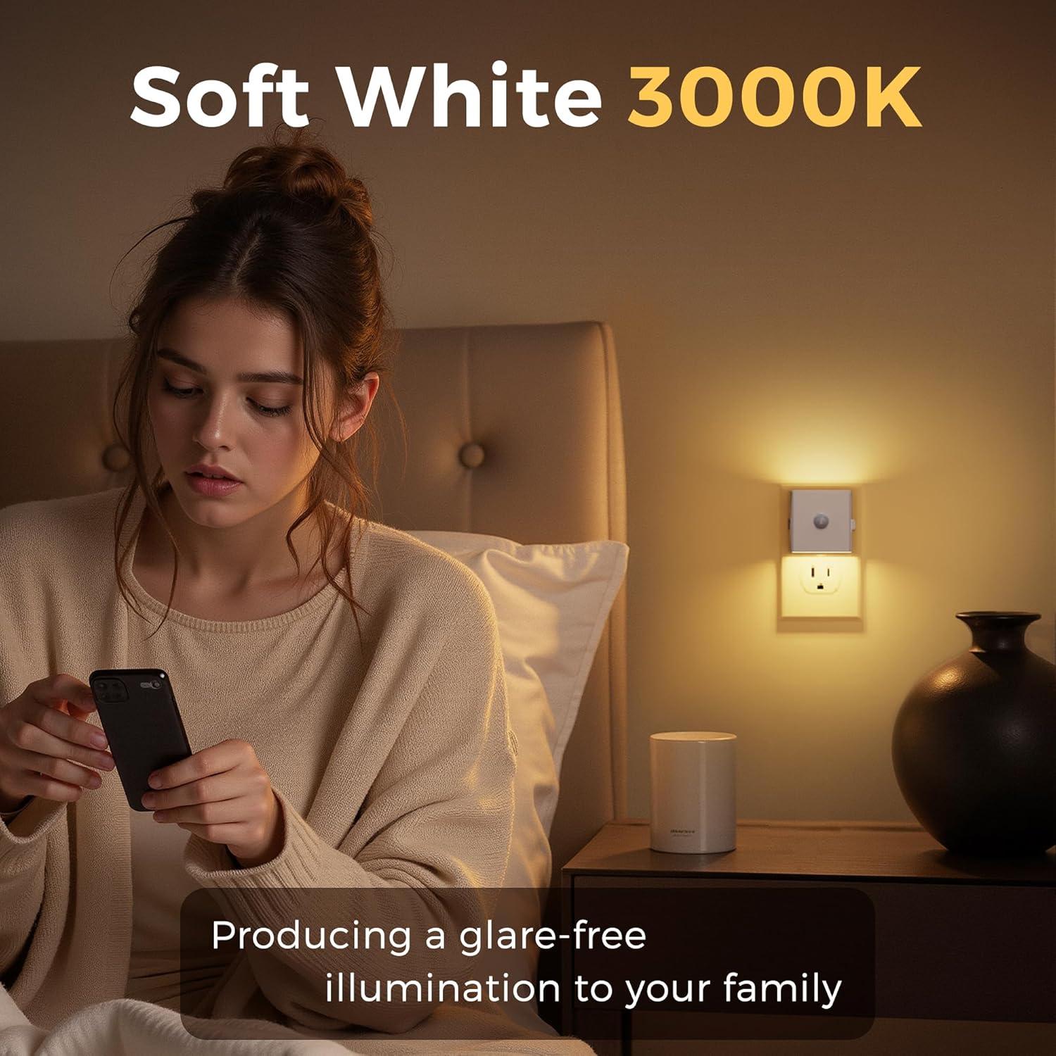 imageL LOHAS LED Night LightPlug in Night Light with Motion Sensor and Dusk to Dawn Sensor2PACK Brightness Adjustable3000K Soft White Nightlight for Bathroom Hallway Kitchen