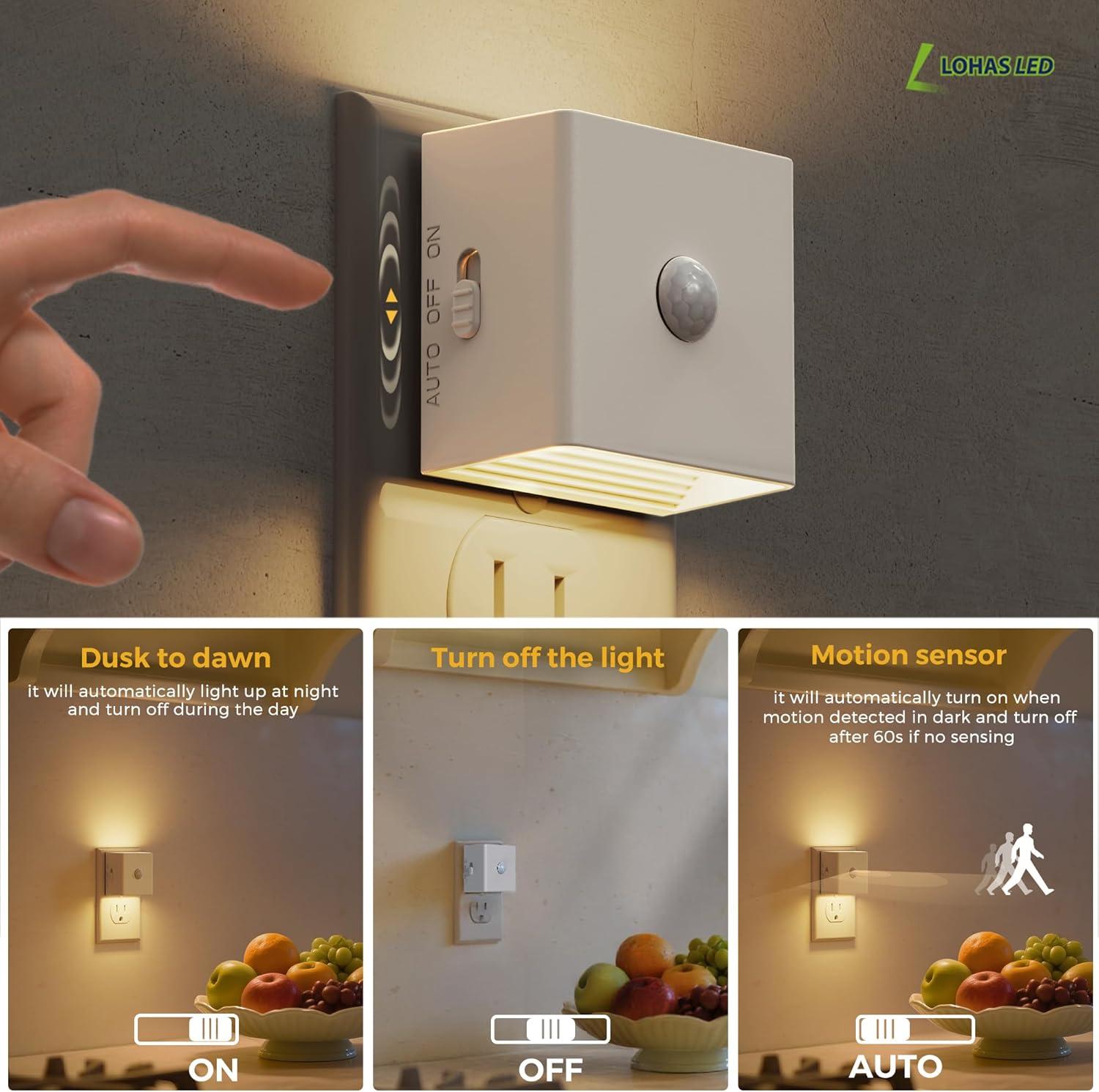 imageL LOHAS LED Night LightPlug in Night Light with Motion Sensor and Dusk to Dawn Sensor2PACK Brightness Adjustable3000K Soft White Nightlight for Bathroom Hallway Kitchen