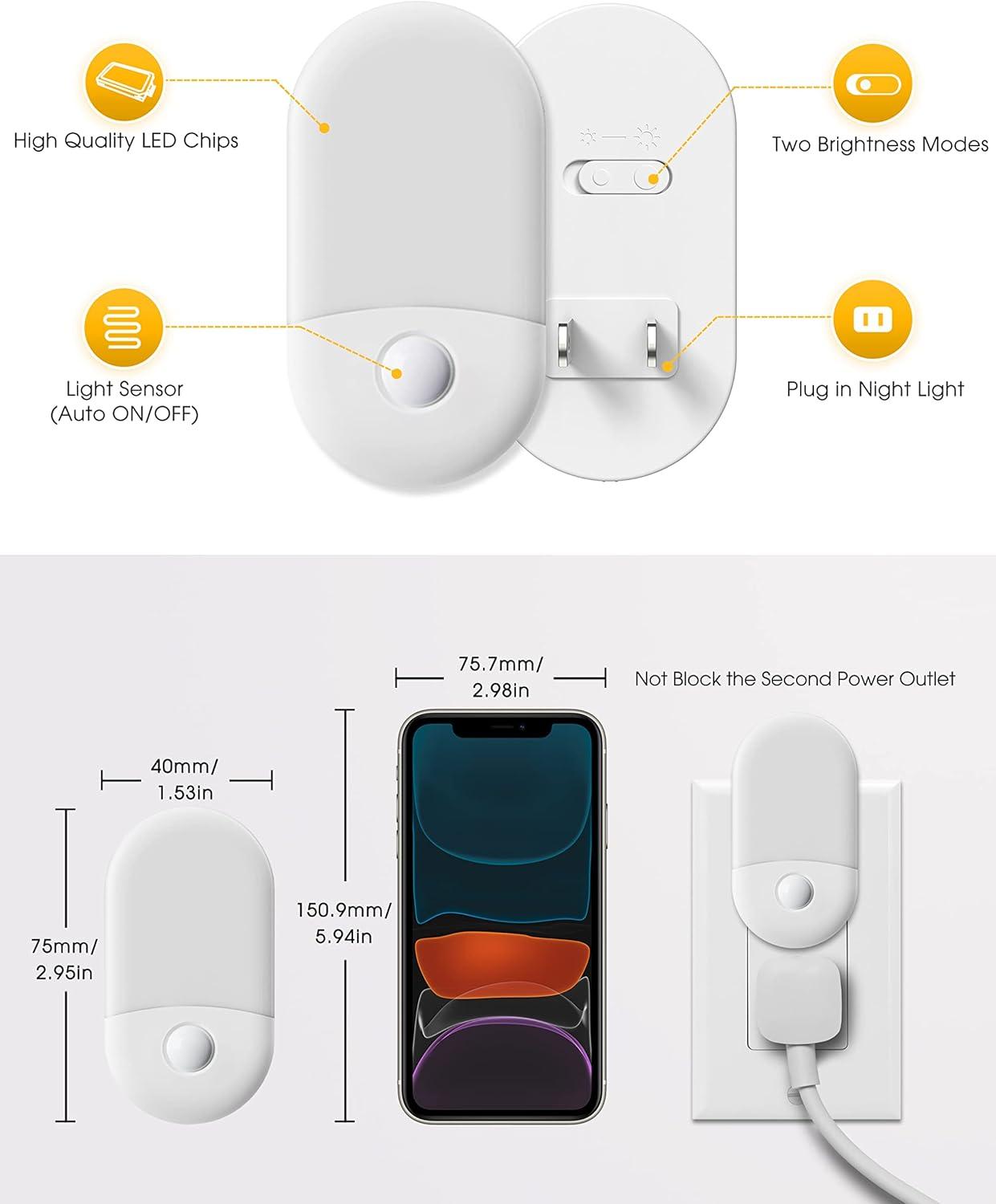 imageL LOHAS LED Night Lights Plug into Wall 4 Pack LED Night Light with Light Sensors 3060LM Nightlights for Kids Room Soft White 3000K 06W Automatic Plug in Wall Light for Bedroom HallwayAmber
