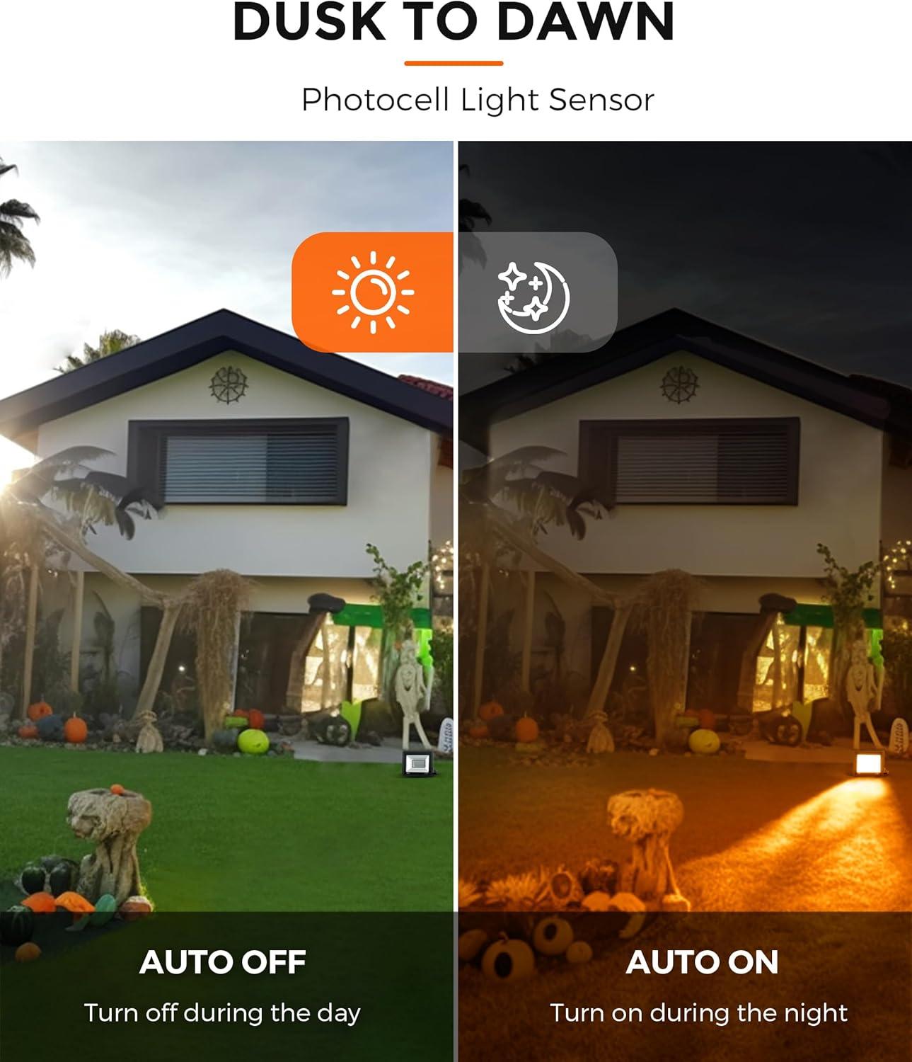 imageL LOHAS LED Purple Halloween Flood Light Outdoor   50W Plug in Flood Light IP66 Waterproof Halloween Decorations 2300lm Outdoor Lights for Yard Garage Party UL Listed 2 PackOrange