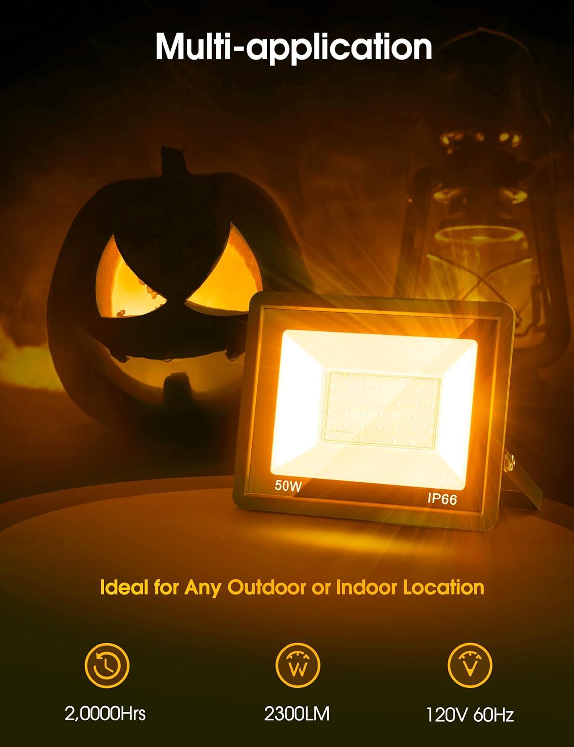 imageL LOHAS LED Purple Halloween Flood Light Outdoor   50W Plug in Flood Light IP66 Waterproof Halloween Decorations 2300lm Outdoor Lights for Yard Garage Party UL Listed 2 PackOrange