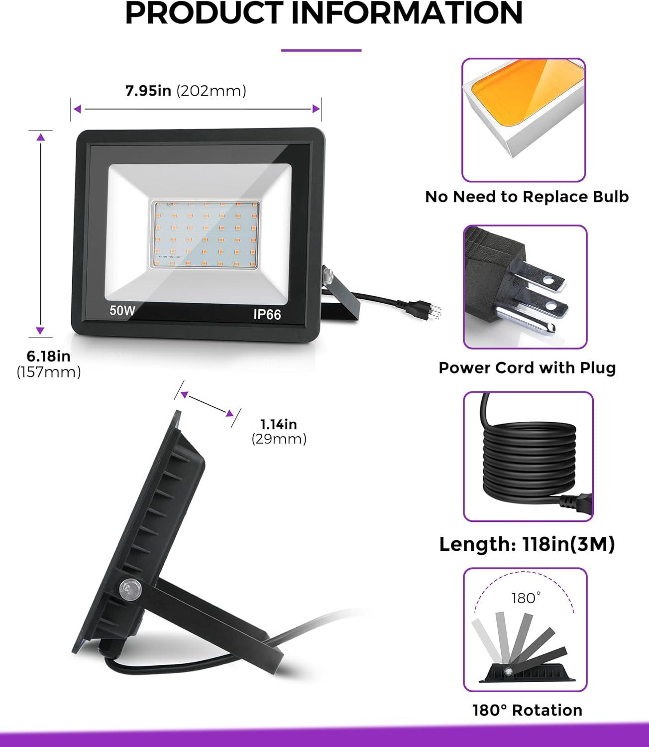 imageL LOHAS LED Purple Halloween Flood Light Outdoor   50W Plug in Flood Light IP66 Waterproof Halloween Decorations 2300lm Outdoor Lights for Yard Garage Party UL Listed 2 PackPurple