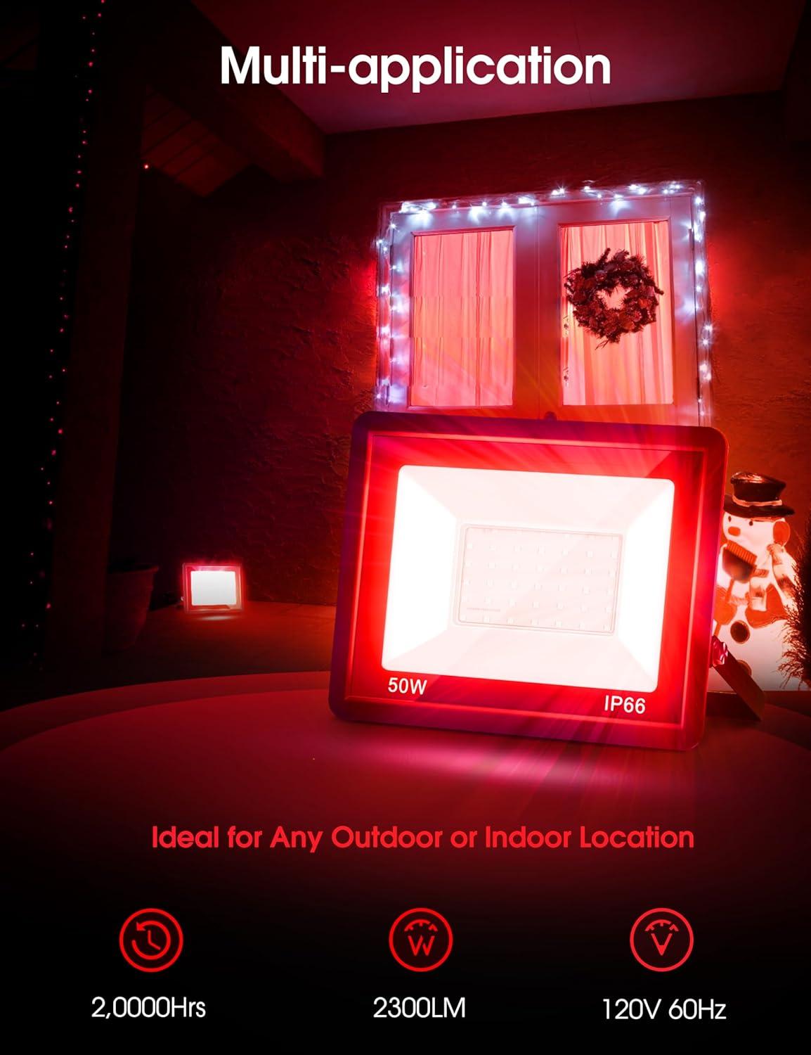 imageL LOHAS LED Purple Halloween Flood Light Outdoor   50W Plug in Flood Light IP66 Waterproof Halloween Decorations 2300lm Outdoor Lights for Yard Garage Party UL Listed 2 PackRed