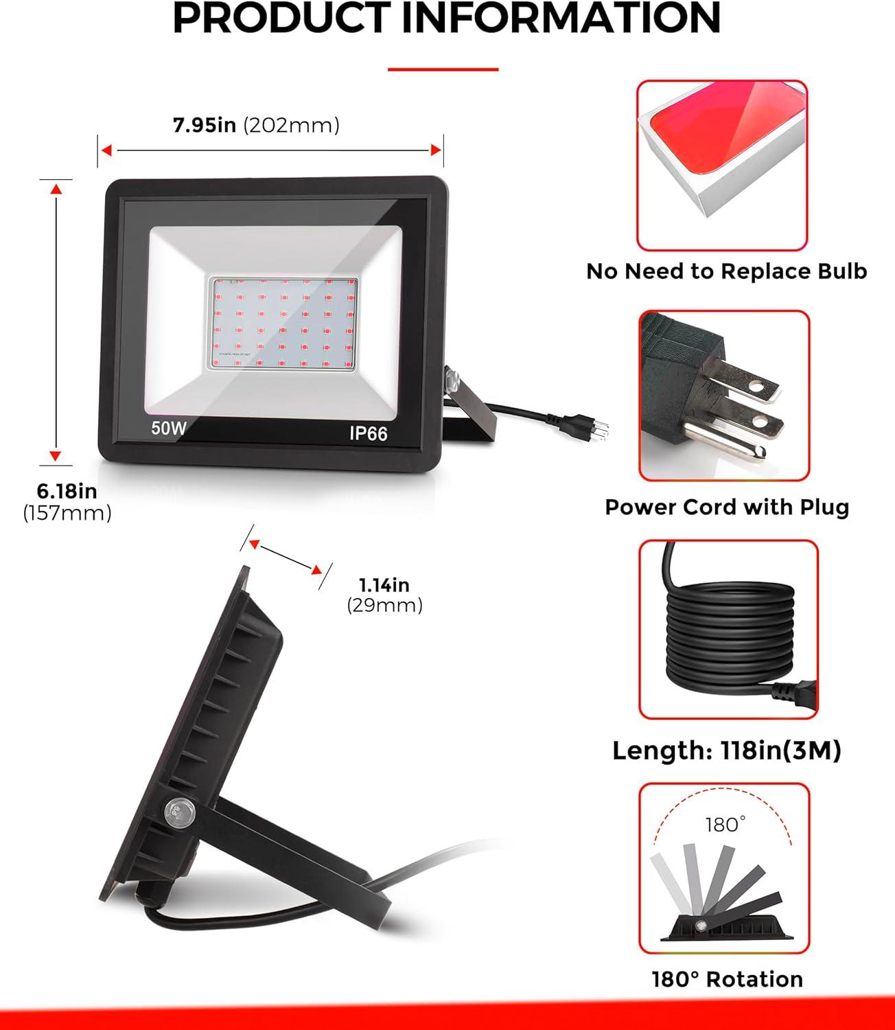 imageL LOHAS LED Purple Halloween Flood Light Outdoor   50W Plug in Flood Light IP66 Waterproof Halloween Decorations 2300lm Outdoor Lights for Yard Garage Party UL Listed 2 PackRed