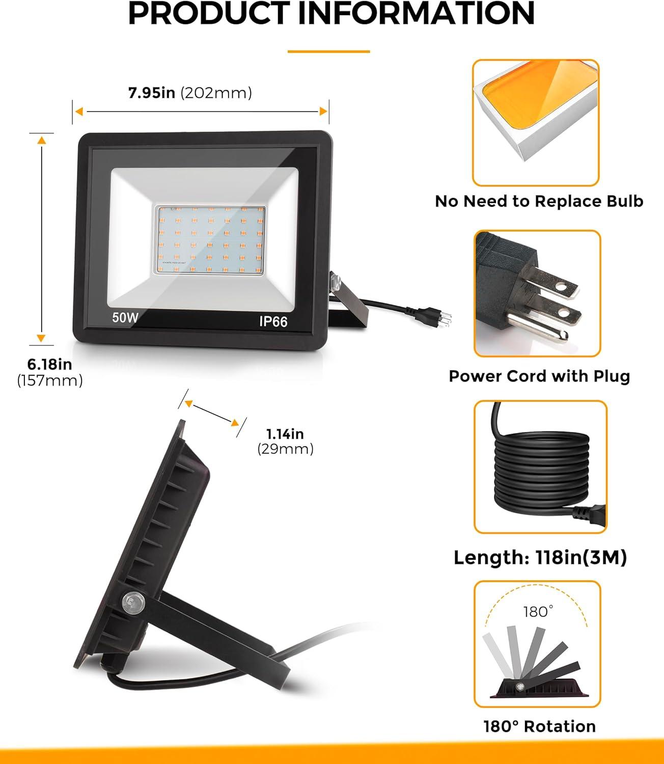 imageL LOHAS LED Purple Halloween Flood Light Outdoor   50W Plug in Flood Light IP66 Waterproof Halloween Decorations 2300lm Outdoor Lights for Yard Garage Party UL Listed 2 PackOrange